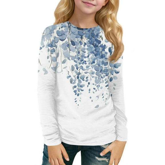 Inglocry Girls' ComfortSoft Round Neck Floral Graphic Tees Basic Long Sleeve Tee Fall Winter Tops For 5-14 Year Kids White 7-8Y