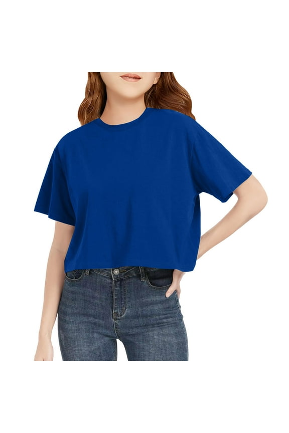 Girls Crop Tops Short Sleeve T-Shirts for Girl Crew Neck Basic Tee Size 5-14 Years Basic Tees Girls Shirts Blue 7-8Y