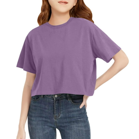 Inglocry Girls Crop Tops Short Sleeve T-Shirts for Girl Crew Neck Basic Tee Size 5-14 Years Basic Tees Girls Shirts Light Purple 9-10Y