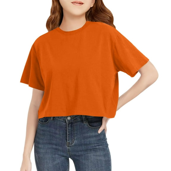 Inglocry Girls Crop Tops Short Sleeve T-Shirts for Girl Crew Neck Basic Tee Size 5-14 Years Basic Tees Girls Shirts Orange 9-10Y