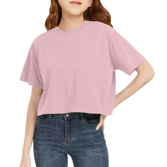 Inglocry Girls Crop Tops Short Sleeve T-Shirts for Girl Crew Neck Basic Tee Size 5-14 Years Basic Tees Girls Shirts Pink 9-10Y