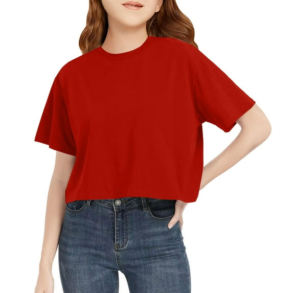 Inglocry Girls Crop Tops Short Sleeve T-Shirts for Girl Crew Neck Basic Tee Size 5-14 Years Basic Tees Girls Shirts Red 1-2Y
