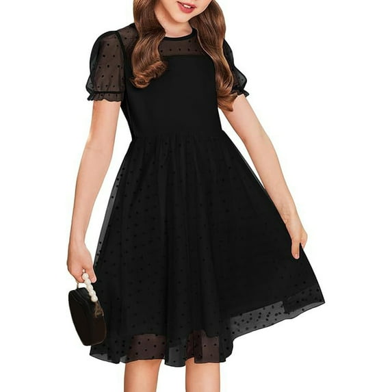 Inglocry Girls Dress Contrast Mesh Puffy Short Sleeve A Line Solid Color Casual Party Dress 3-12 Years Black 7-8Y