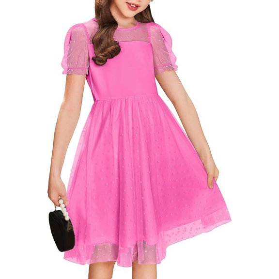 Inglocry Girls Dress Contrast Mesh Puffy Short Sleeve A Line Solid Color Casual Party Dress 3-12 Years Hot Pink 9-10Y