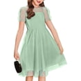 thumbnail image 1 of Inglocry Girls Dress Contrast Mesh Puffy Short Sleeve A Line Solid Color Casual Party Dress 3-12 Years Light Green 11-12Y, 1 of 3
