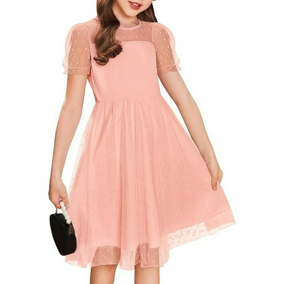 Inglocry Girls Dress Contrast Mesh Puffy Short Sleeve A Line Solid Color Casual Party Dress 3-12 Years Pink 13-14Y