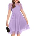 thumbnail image 1 of Inglocry Girls Dress Contrast Mesh Puffy Short Sleeve A Line Solid Color Casual Party Dress 3-12 Years Purple 9-10Y, 1 of 3
