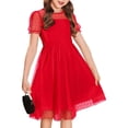 thumbnail image 1 of Inglocry Girls Dress Contrast Mesh Puffy Short Sleeve A Line Solid Color Casual Party Dress 3-12 Years Red 7-8Y, 1 of 3