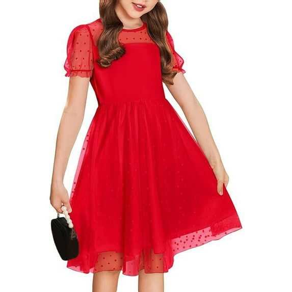 Inglocry Girls Dress Contrast Mesh Puffy Short Sleeve A Line Solid Color Casual Party Dress 3-12 Years Red 7-8Y