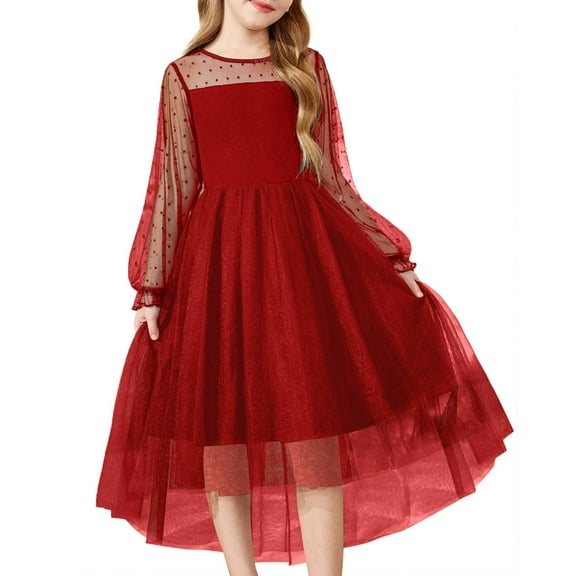 Inglocry Girls Dresses Contrast Mesh Long Sleeve Twirly High Low Birthday Party Solid Color Formal Dress Red 5-6Y