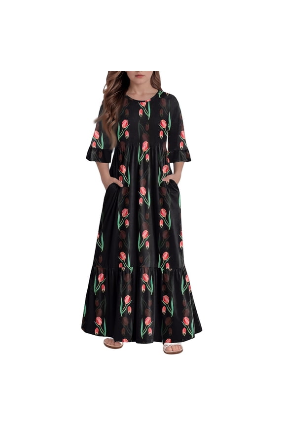 Girls Floral Maxi Dress, Flower Printed Short Sleeves Dress with Pockets Summer Long Holiday Dress Black 7-8Year