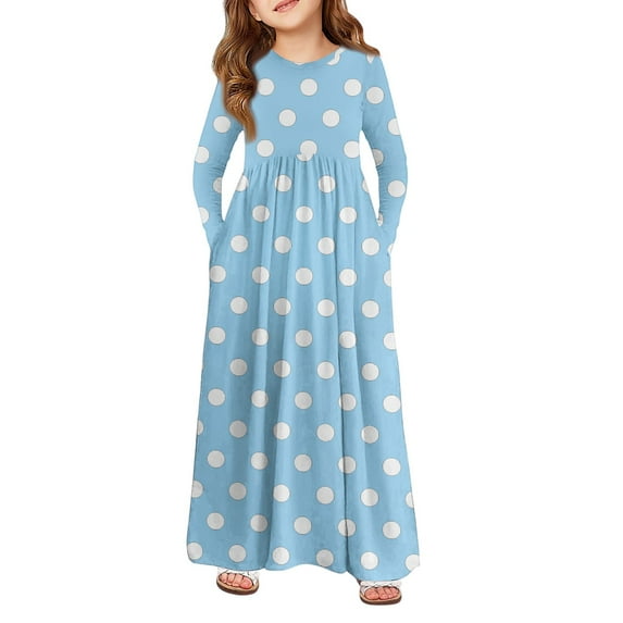 Inglocry Girls Long Sleeve Maxi Dress Round Neck Casual Long Dresses with Pockets Cute Dresses For Teens 5-14 Years Light Blue 11-12Y