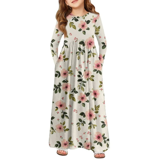 Inglocry Girls Long Sleeve Maxi Dress Round Neck Casual Long Dresses with Pockets Cute Dresses For Teens 5-14 Years Watermelon Red 4-5Y