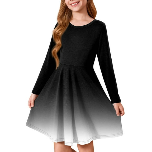 Inglocry Girls Long Sleeve T-Shirt Dresses Kids Fall A-Line Twirly Skater Dresses Swing Fashion Dress For Girls 5-14 Years Black 11-12Y