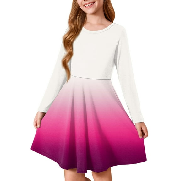 Inglocry Girls Long Sleeve T-Shirt Dresses Kids Fall A-Line Twirly Skater Dresses Swing Fashion Dress For Girls 5-14 Years Hot Pink 11-12Y