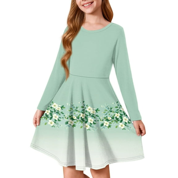 Inglocry Girls Long Sleeve T-Shirt Dresses Kids Fall A-Line Twirly Skater Dresses Swing Fashion Dress For Girls 5-14 Years Light Green 11-12Y