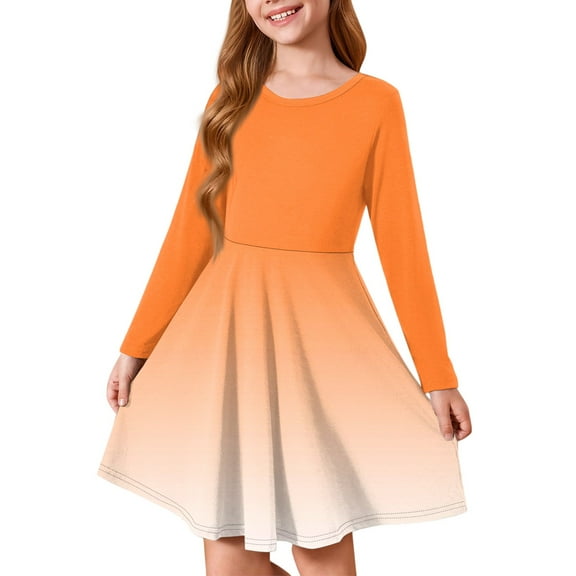 Inglocry Girls Long Sleeve T-Shirt Dresses Kids Fall A-Line Twirly Skater Dresses Swing Fashion Dress For Girls 5-14 Years Orange 11-12Y