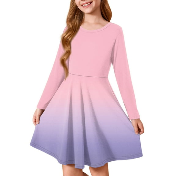 Inglocry Girls Long Sleeve T-Shirt Dresses Kids Fall A-Line Twirly Skater Dresses Swing Fashion Dress For Girls 5-14 Years Pink 11-12Y