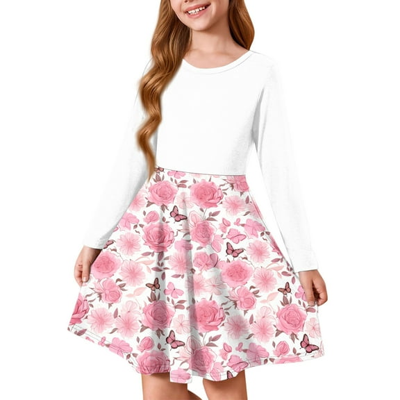 Inglocry Girls Long Sleeve T-Shirt Dresses Kids Fall A-Line Twirly Skater Dresses Swing Fashion Dress For Girls 5-14 Years White 11-12Y