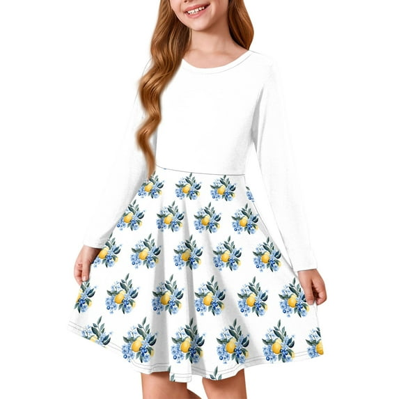 Inglocry Girls Long Sleeve T-Shirt Dresses Kids Fall A-Line Twirly Skater Dresses Swing Fashion Dress For Girls 5-14 Years White 3-4Y