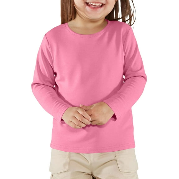 Inglocry Girls Long Sleeve T Shirts, Kids Crew Neck Casual Shirts Curve Hem Soft Tees Loose Fit Basic Tunic Tops Pink 100
