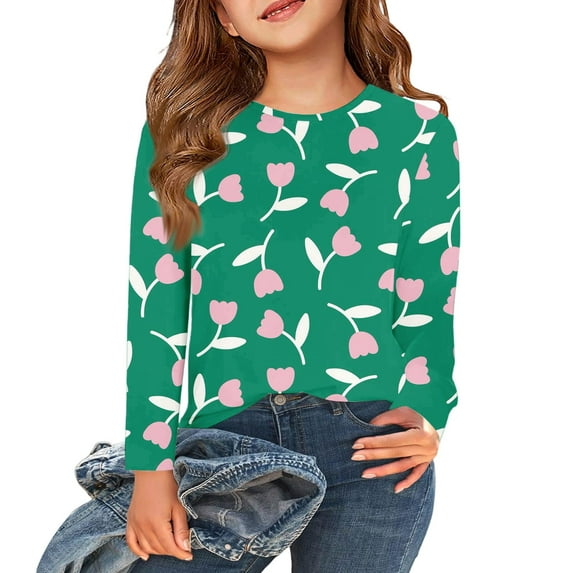 Inglocry Girls Casual Long Sleeve T Shirts Crewneck Loose Fit Tops Kids Button Floral Fall Winter Tee Blouses Size 5-14 Army Green 11-12Y