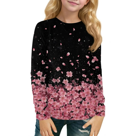 Inglocry Girls Long Sleeve T Shirts Kids Crewneck Fall Winter Tops Loose Fit Graphic Tees 5-14 Years Light pink 4-5Y