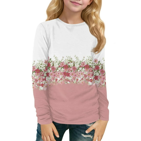 Inglocry Girls Long Sleeve T Shirts Kids Crewneck Fall Winter Tops Loose Fit Graphic Tees 5-14 Years Pink 9-10Y