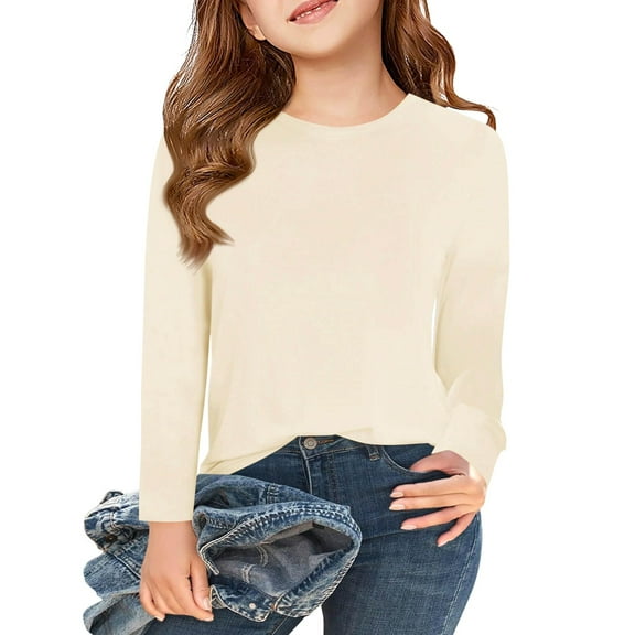 Inglocry Girls Basic Long Sleeve Shirts Toddler Kids Soft Cotton T-Shirt Crew Neck Fall Winter Tee Tops Beige 7-8Y