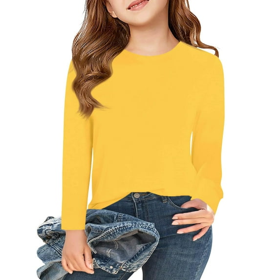 Inglocry Girls Long Sleeve T Shirts Kids Fall Tops Crewneck Basic Loose Fit Tees For Kids Age 5-14Y Yellow 9-10Y