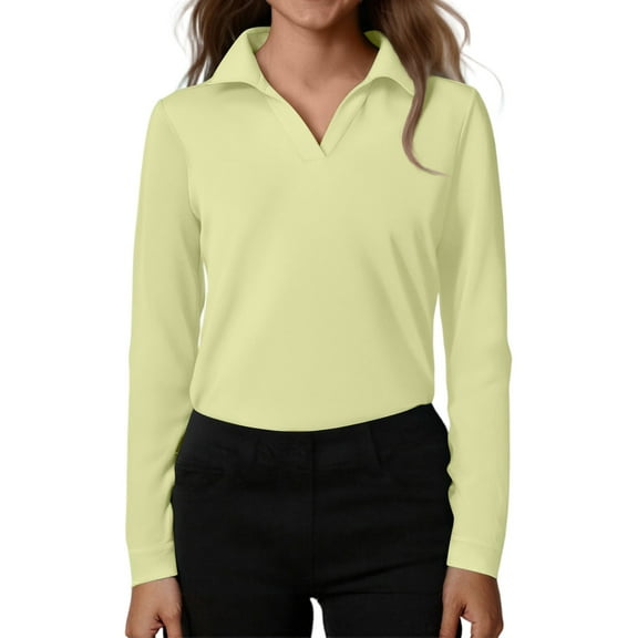 Inglocry Girls' Long Sleeve V-Neck Collared Tops Summer Casual Polo Shirts 2025 Beige 130