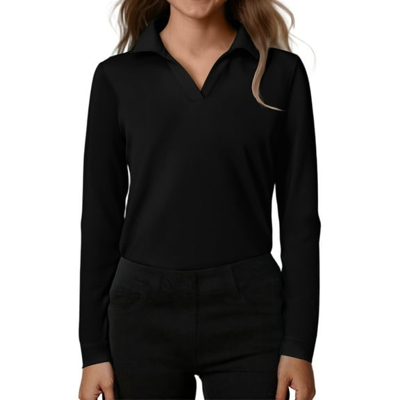 Inglocry Girls' Long Sleeve V-Neck Collared Tops Summer Casual Polo Shirts 2025 Black 120