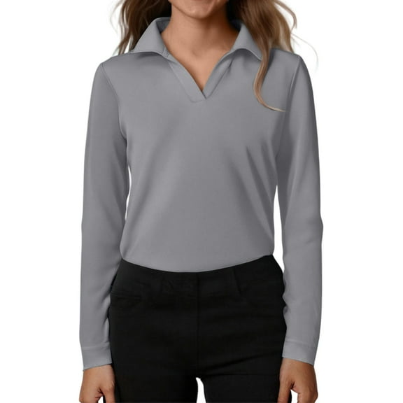 Inglocry Girls' Long Sleeve V-Neck Collared Tops Summer Casual Polo Shirts 2025 Light Gray 130