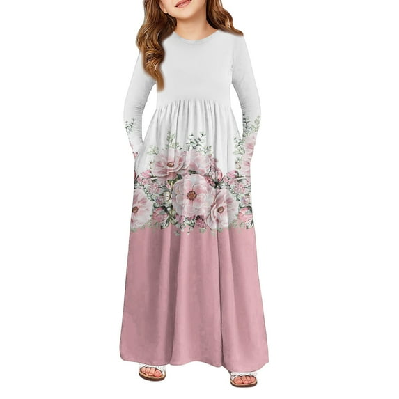 Inglocry Girls Maxi Dress Casual Holiday Long Dresses with Pockets Round Neck Cute Dresses For Teens 5-14 Pink 9-10Y