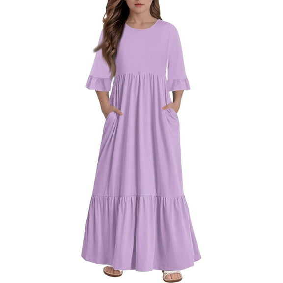 Inglocry Girls Maxi Dress Crew Neck A-line Loose Flowy Tiered Holiday Casual Dresses with Pockets for 5-14 Years Light Purple 9-10Year