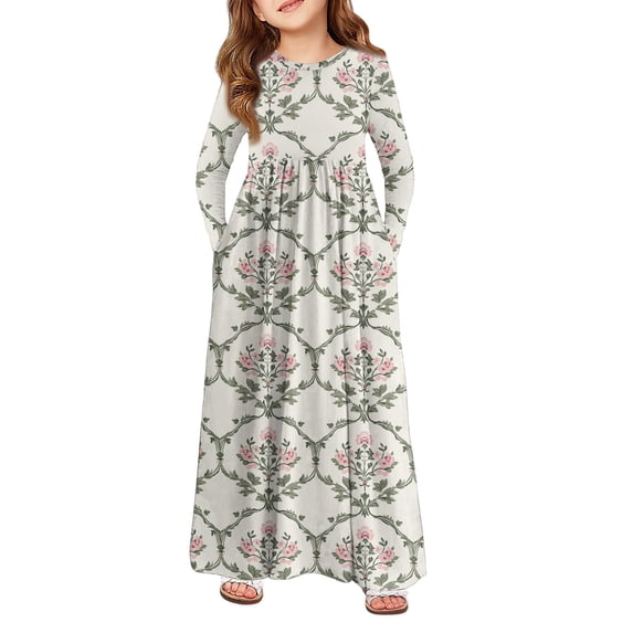 Inglocry Girls Maxi Dress Long Sleeve Casual Round Neck Holiday Dress with Pockets for 5-14 Years Teen Summer Dresses Mint Green 5-6Y