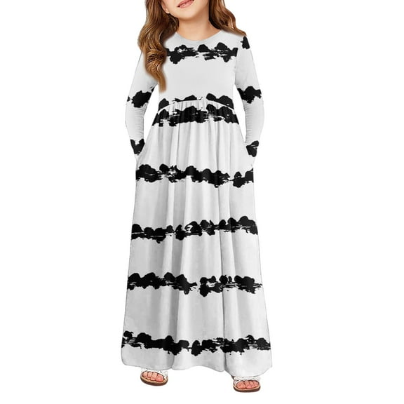 Inglocry Girls Maxi Dress Long Sleeve Casual Round Neck Holiday Dress with Pockets for 5-14 Years Teen Summer Dresses White 4-5Y