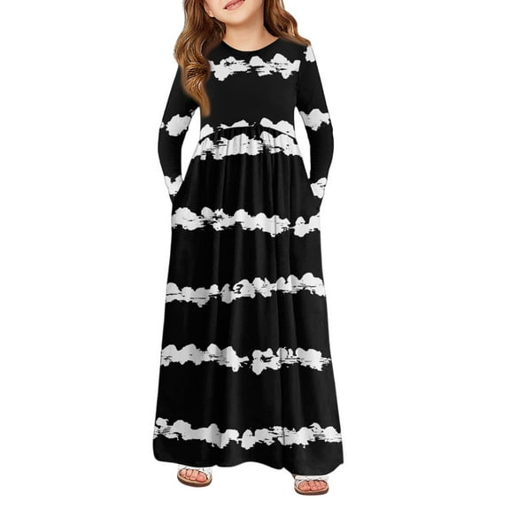 Inglocry Girls Maxi Dress Long Sleeve Round Neck Casual Holiday Dress with Pockets for 5-14 Years Summer Dresses For Teens Black 11-12Y