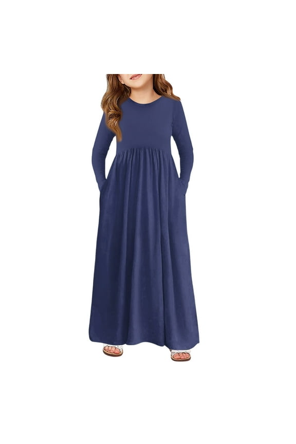 Girls Maxi Dress Long Sleeve Round Neck Casual Holiday Dress with Pockets for 5-14 Years Summer Dresses For Teens Dark Blue 7-8Y