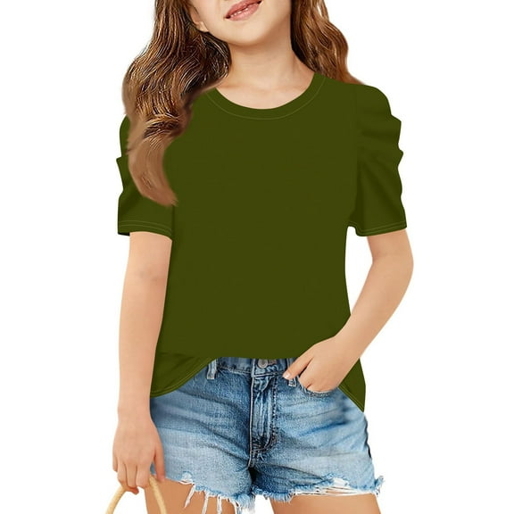 Inglocry Girls Puff Short Sleeve Shirts Round Neck Tunic Tops Casual Solid Blouses Cute Summer Tops For Teens 5-14 Years Army Green 5-6Y