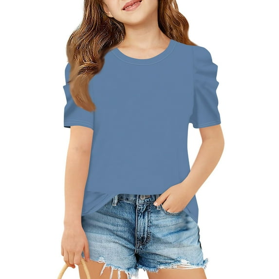 Inglocry Girls Puff Short Sleeve Shirts Round Neck Tunic Tops Casual Solid Blouses Cute Summer Tops For Teens 5-14 Years Blue 11-12Y