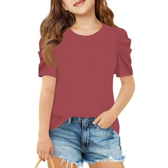 Inglocry Girls Puff Short Sleeve Shirts Round Neck Tunic Tops Casual Solid Blouses Cute Summer Tops For Teens 5-14 Years Watermelon Red 11-12Y