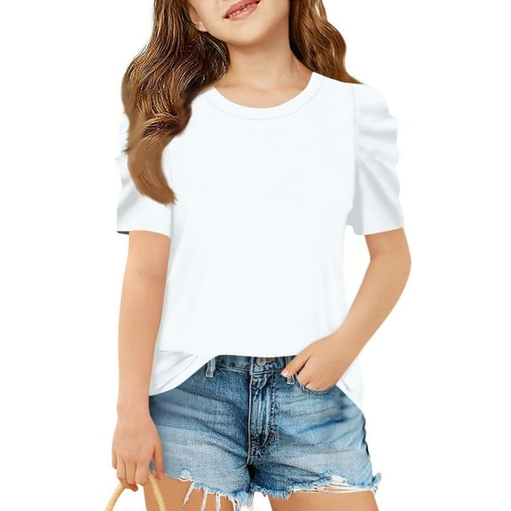 Inglocry Girls Puff Short Sleeve Shirts Round Neck Tunic Tops Casual Solid Blouses Cute Summer Tops For Teens 5-14 Years White 11-12Y