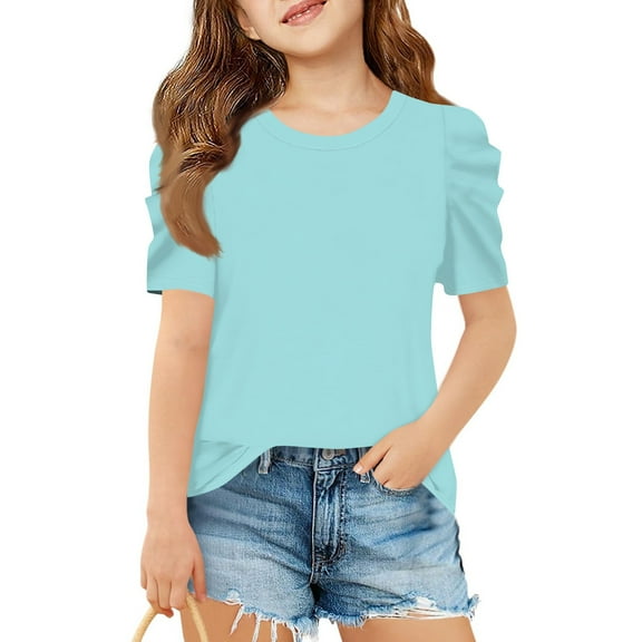 Inglocry Girls Puff Short Sleeve Shirts Summer Ribbed Knit Crewneck T Shirt Tops Tee Blouse Cute Summer Tops For Teens Light Blue 7-8Y