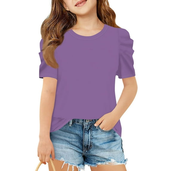 Inglocry Girls Puff Short Sleeve Shirts Summer Ribbed Knit Crewneck T Shirt Tops Tee Blouse Cute Summer Tops For Teens Light Purple 11-12Y