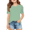 thumbnail image 1 of Inglocry Girls Puff Short Sleeve Shirts Summer Ribbed Knit Crewneck T Shirt Tops Tee Blouse Cute Summer Tops For Teens Mint Green 11-12Y, 1 of 4