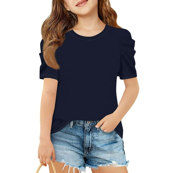 Inglocry Girls Puff Short Sleeve Shirts Summer Ribbed Knit Crewneck T Shirt Tops Tee Blouse Cute Summer Tops For Teens Navy 9-10Y