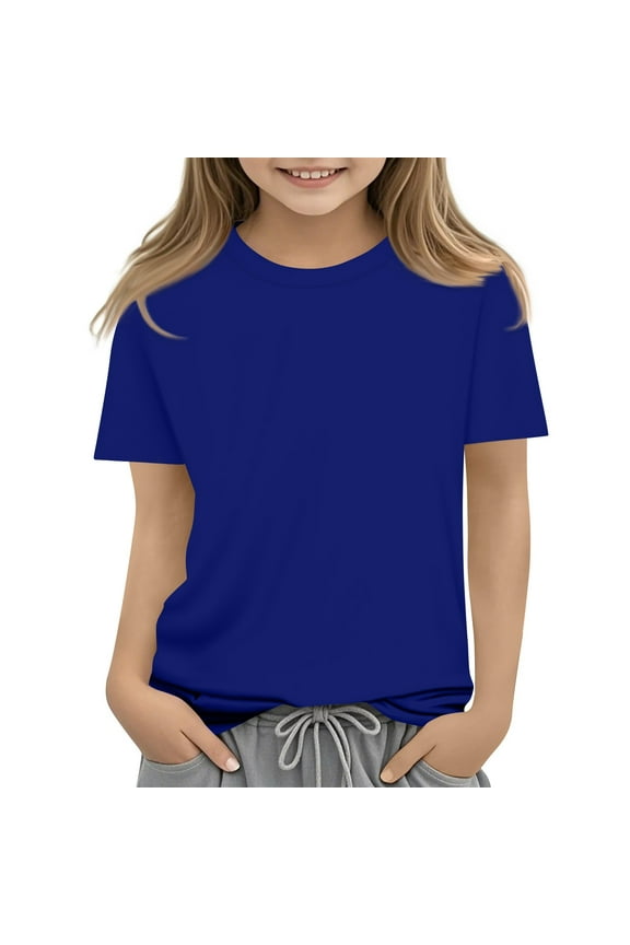 Girls Shirts Short Sleeve Soft Cotton Basic T-Shirts Crew Neck Plain Tees Tops Clothes for Kids 5-14 Dark Blue 160