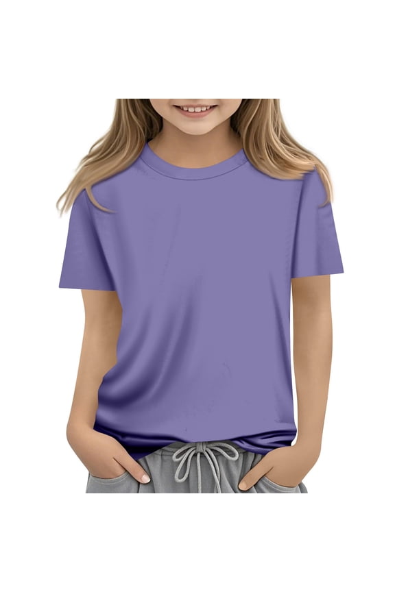 Girls' Short Sleeve Shirts Kids Crewneck T-Shirts Summer Tops Basic Tees 5-14 Years Light Purple 140