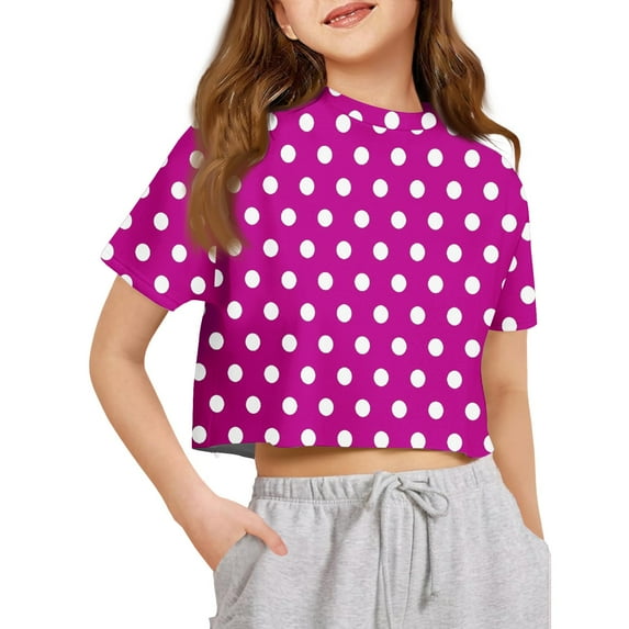 Inglocry Girls Short Sleeve Crop Tops Kids Fashion Oversized Cute Crew Neck Cropped Athletic T Shirts Oversized T-Shirt Polka Dot Graphic Tees Hot Pink 4-5Y